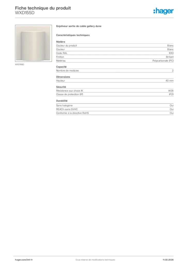 Image Hager Fiche technique du produit WXD155D | Hager Afrique