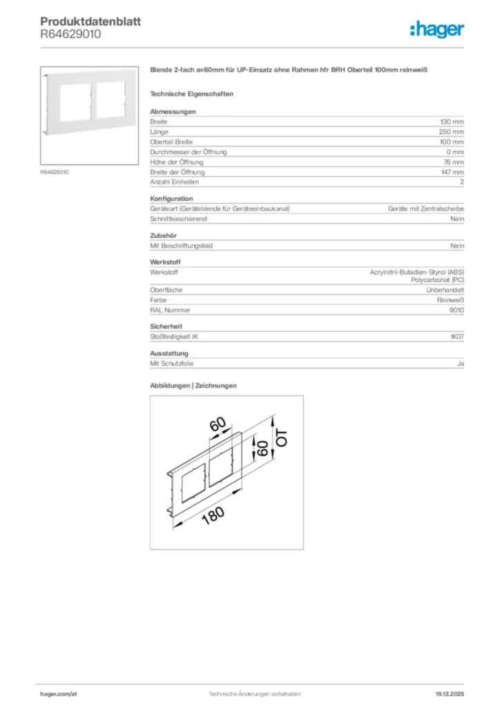 Bild Hager Produktdatenblatt R64629010 | Hager Deutschland