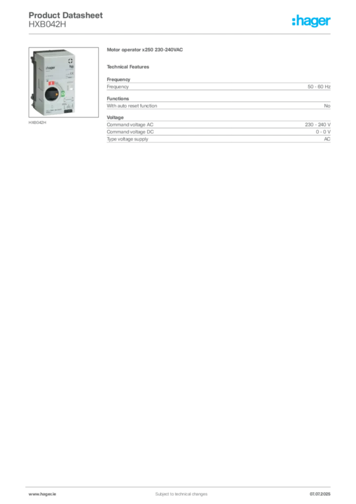 Image Hager Product data sheet HXB042H  | Hager