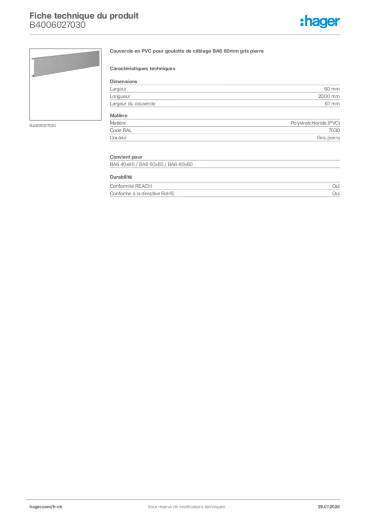 Image Hager Fiche technique du produit B4006027030 | Hager Suisse