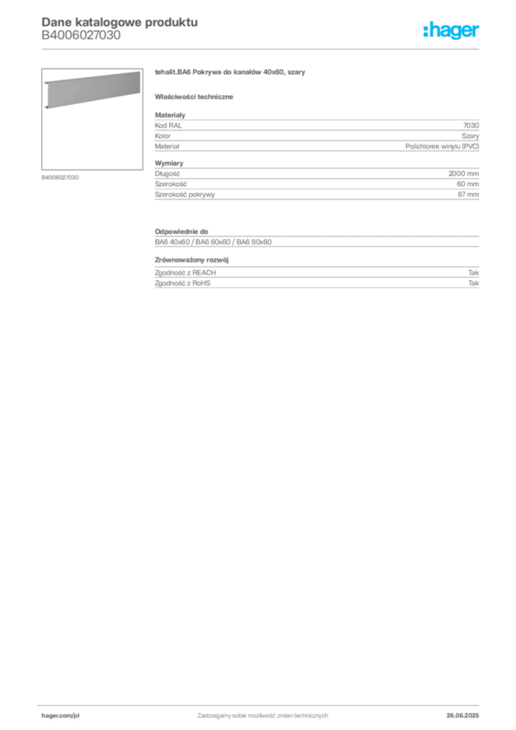 Zdjęcie Hager Karta katalogowa B4006027030 | Hager Polska