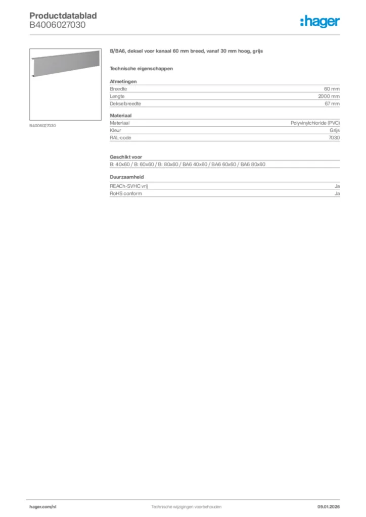Afbeelding Hager Productdatablad B4006027030 | Hager Nederland