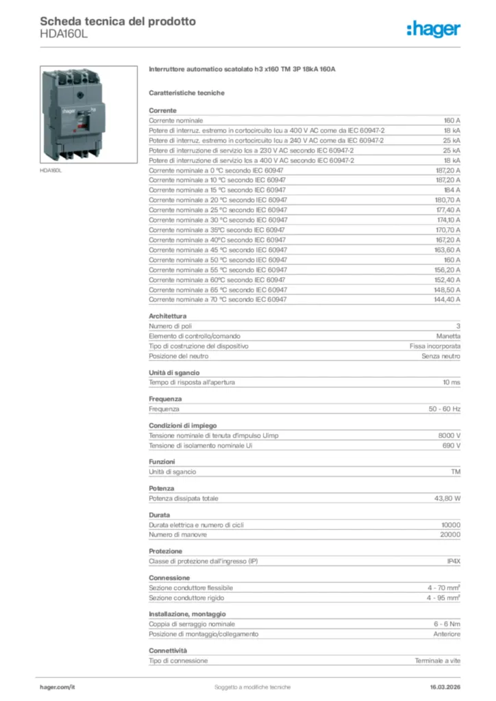 Immagine Hager Scheda tecnica del prodotto HDA160L | Hager Italia