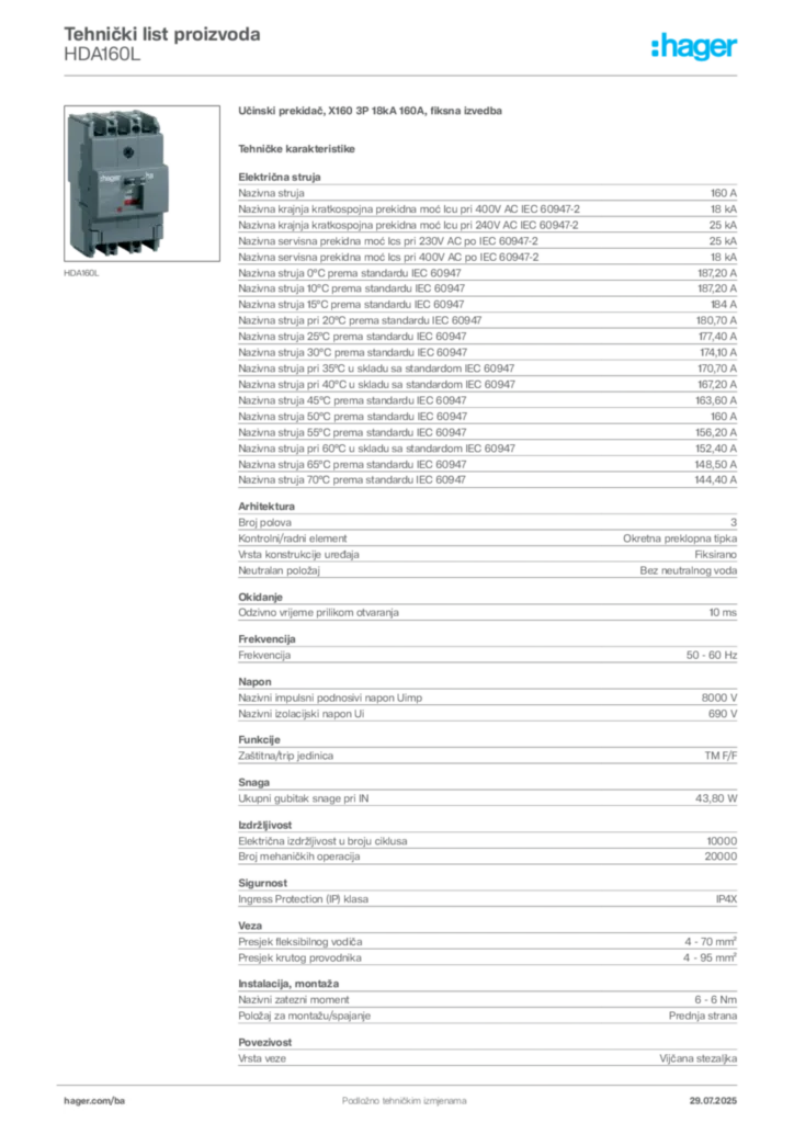 Slika Hager Product data sheet HDA160L  | Hager