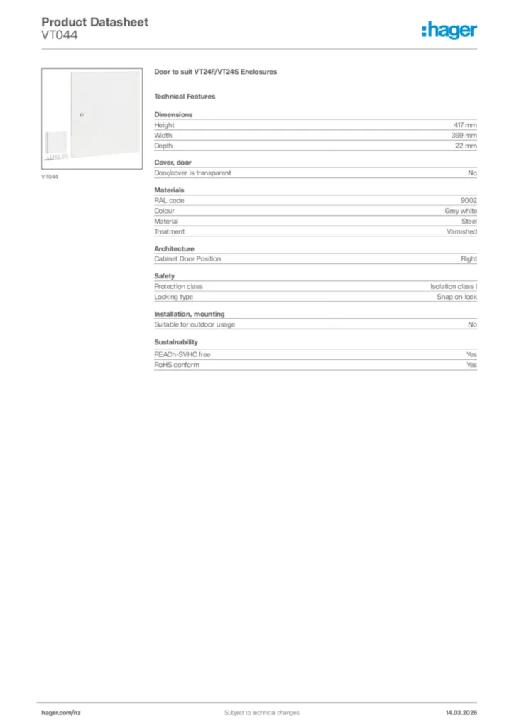 Image Hager Product data sheet VT044  | Hager New Zealand