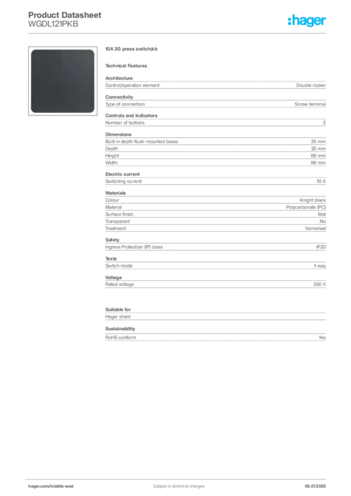 Image Hager Product data sheet WGDL121PKB  | Hager