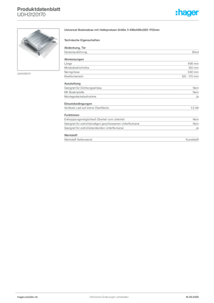 Bild Hager Produktdatenblatt UDH3120170 | Hager Schweiz