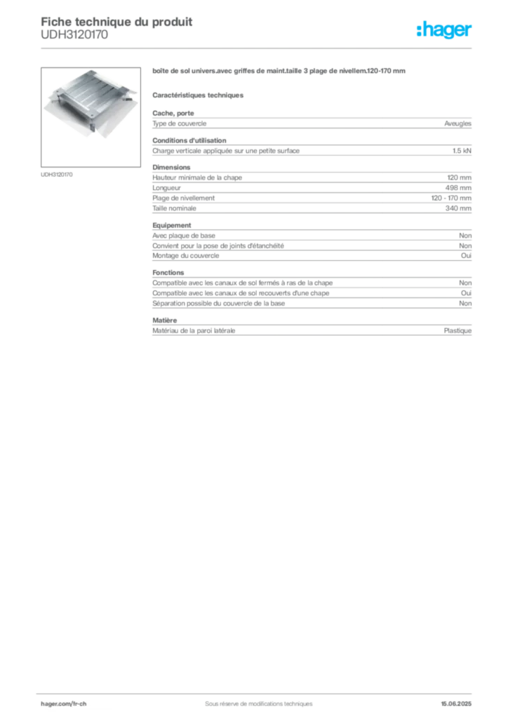 Image Hager Fiche technique du produit UDH3120170 | Hager Suisse
