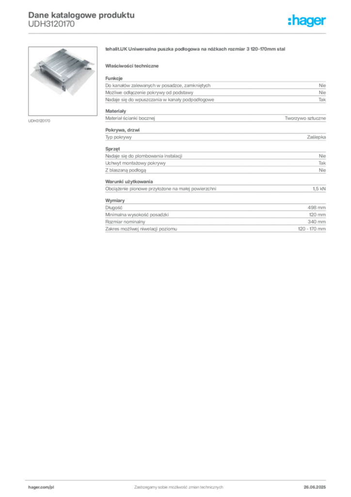 Zdjęcie Hager Karta katalogowa UDH3120170 | Hager Polska