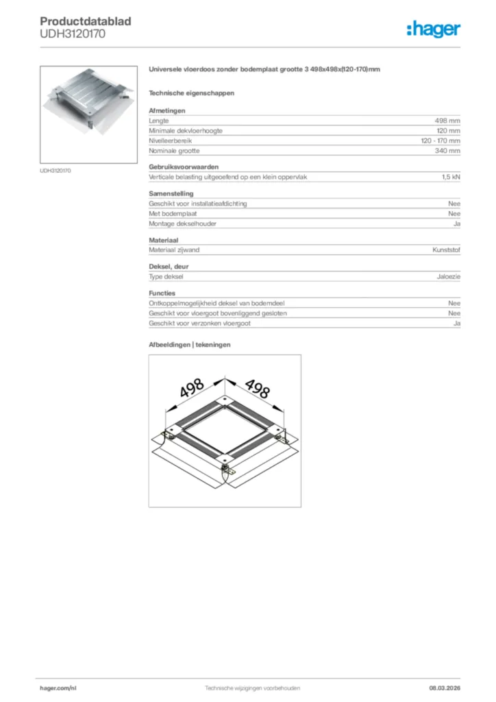 Afbeelding Hager Productdatablad UDH3120170 | Hager Nederland