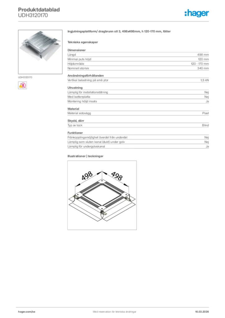 Bild Hager Produktdatablad UDH3120170 | Hager Sverige