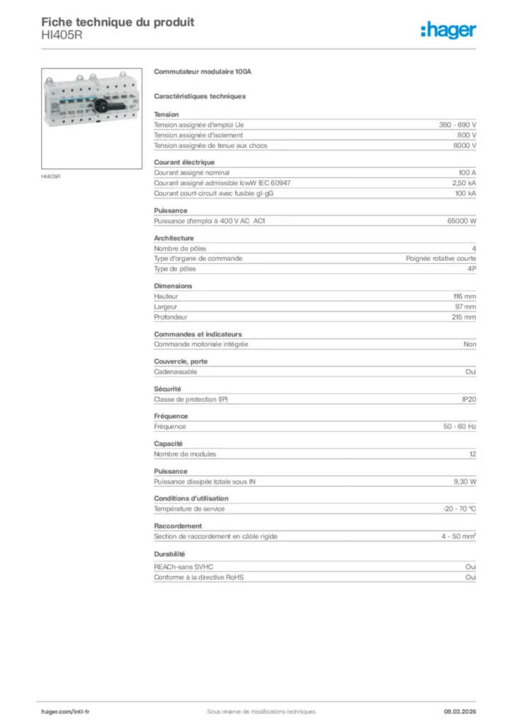 Image Hager Fiche technique du produit HI405R | Hager Afrique