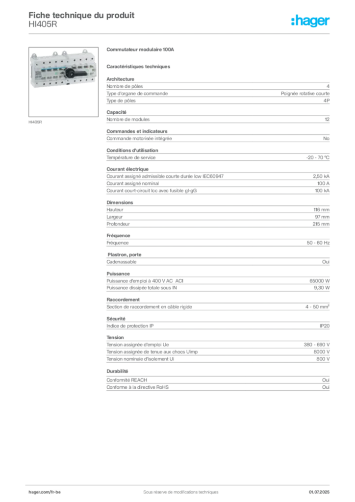 Image Hager Fiche technique du produit HI405R | Hager Belgique