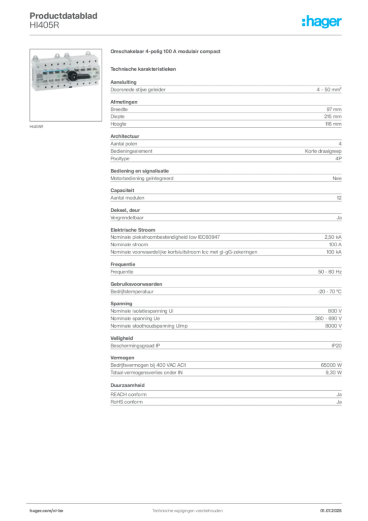 Afbeelding Hager Productdatablad HI405R | Hager Belgium