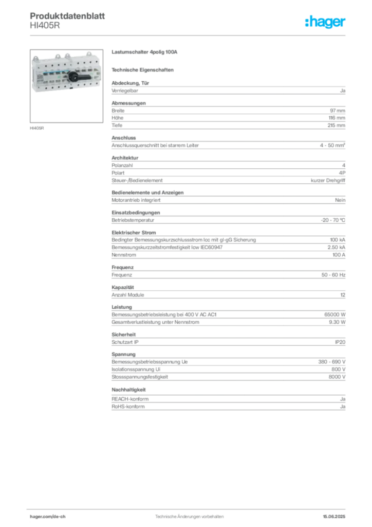Bild Hager Produktdatenblatt HI405R | Hager Schweiz