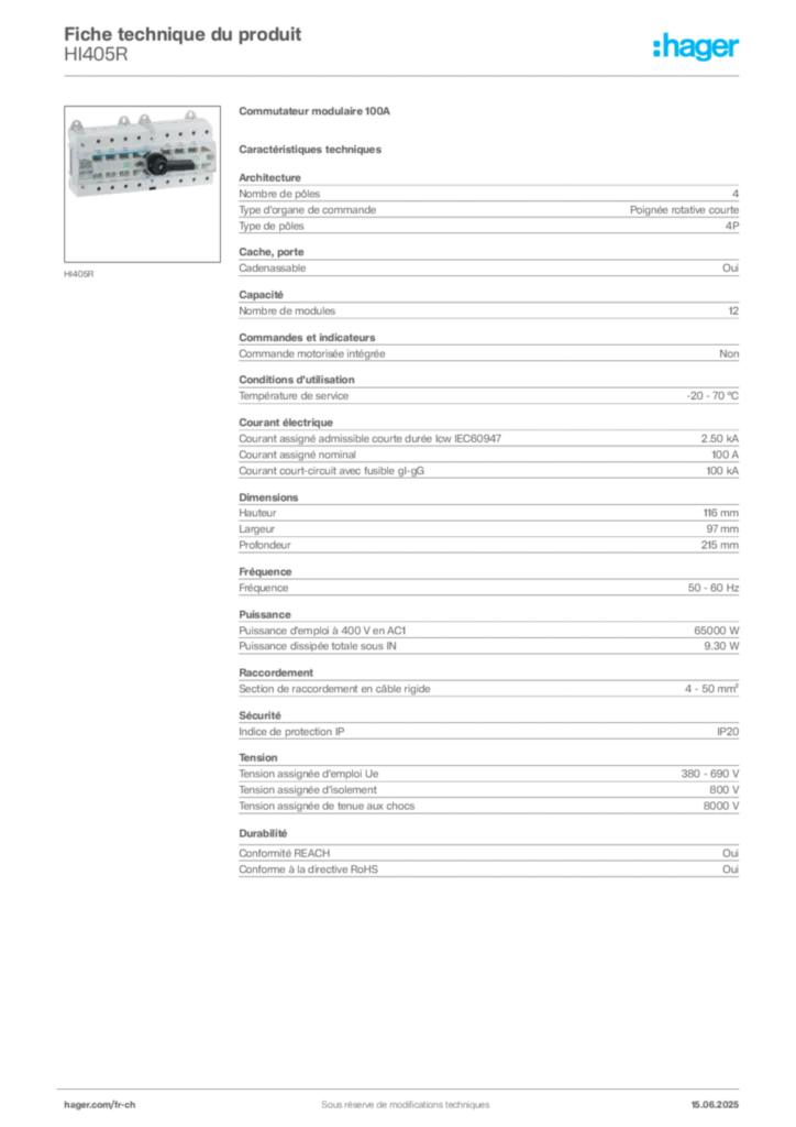 Image Hager Fiche technique du produit HI405R | Hager Suisse