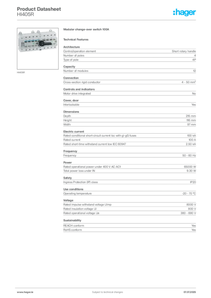 Image Hager Product data sheet HI405R  | Hager