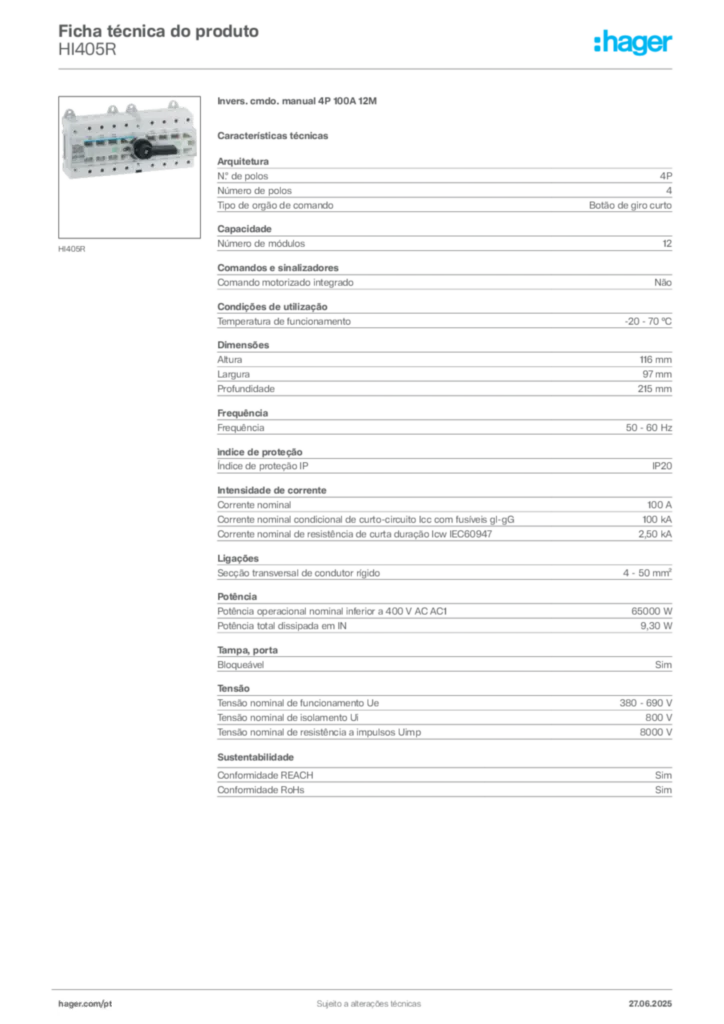 Imagem Hager Ficha técnica do produto HI405R | Hager Portugal