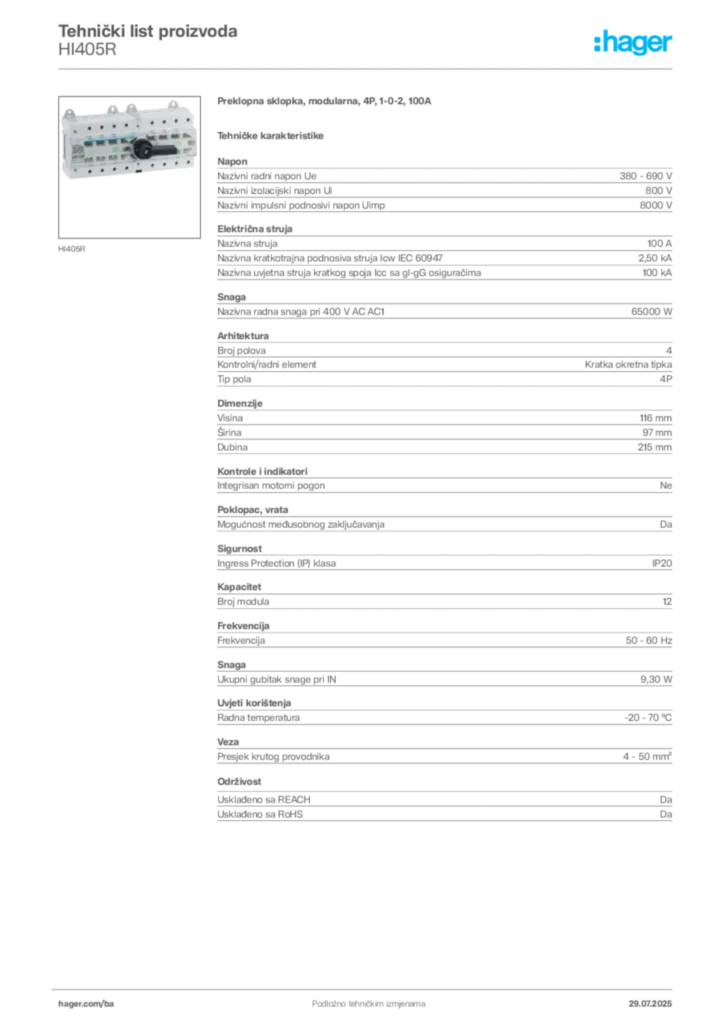 Slika Hager Product data sheet HI405R  | Hager