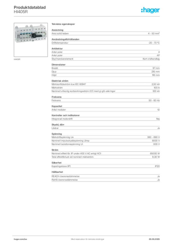 Bild Hager Produktdatablad HI405R | Hager Sverige