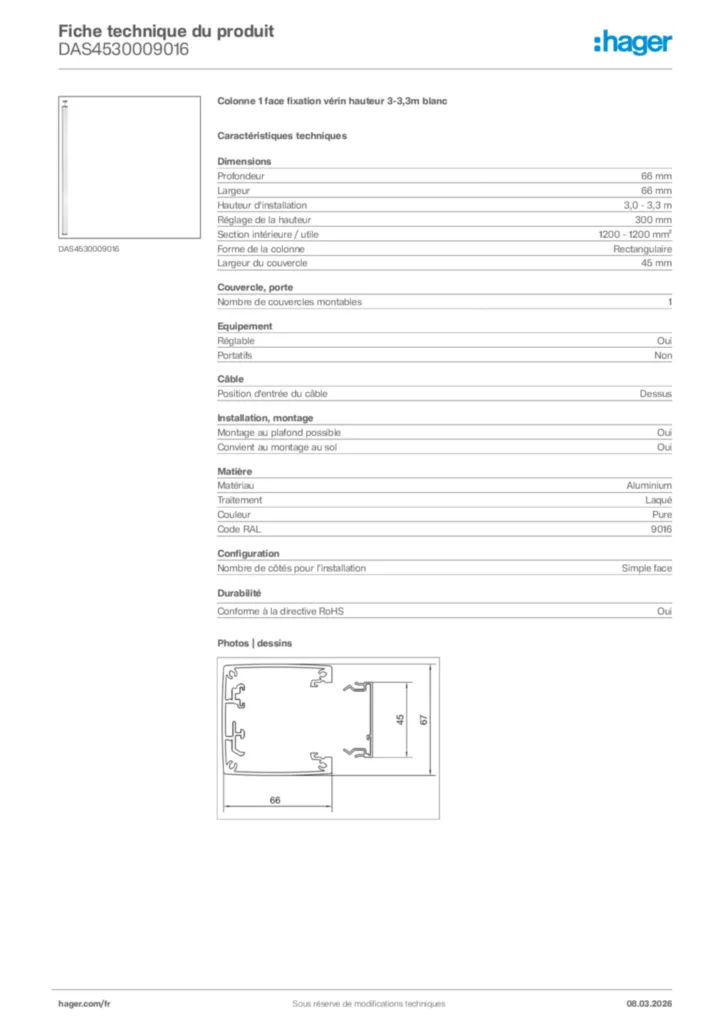 Image Hager Fiche technique du produit DAS4530009016 | Hager France