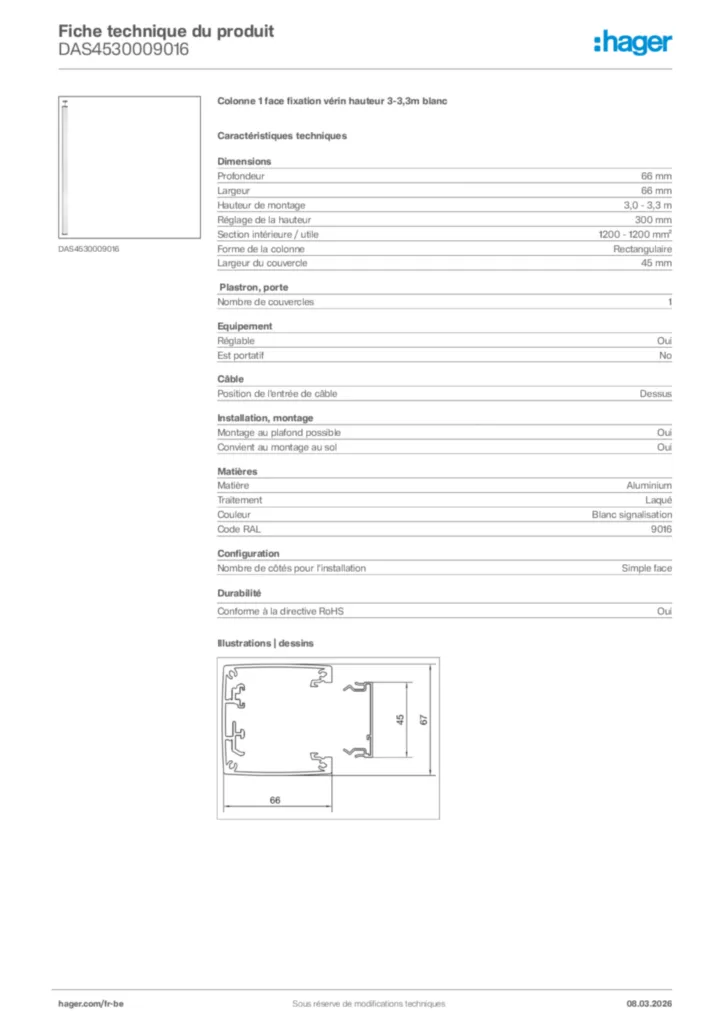 Image Hager Fiche technique du produit DAS4530009016 | Hager Belgique