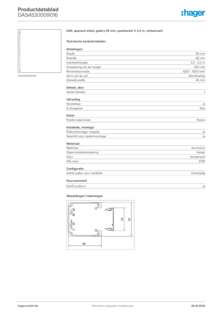 Afbeelding Hager Productdatablad DAS4530009016 | Hager Belgium