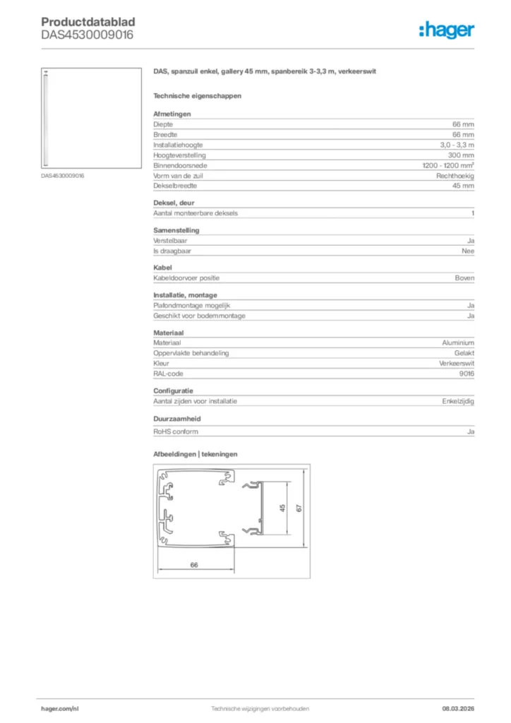 Afbeelding Hager Productdatablad DAS4530009016 | Hager Nederland