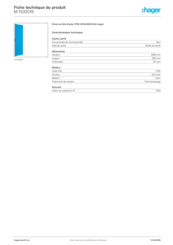 Image Hager Fiche technique du produit M-TG12018 | Hager Suisse
