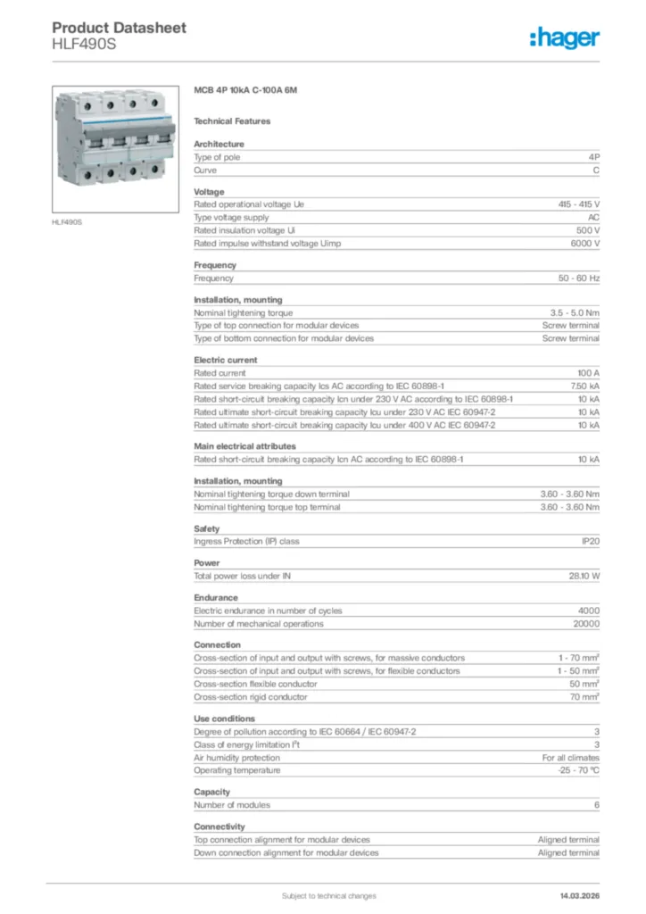 Image Hager Product data sheet HLF490S  | Hager Africa