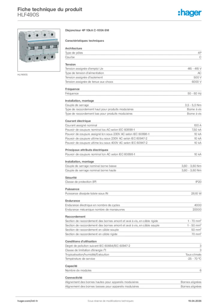 Image Hager Fiche technique du produit HLF490S | Hager Afrique