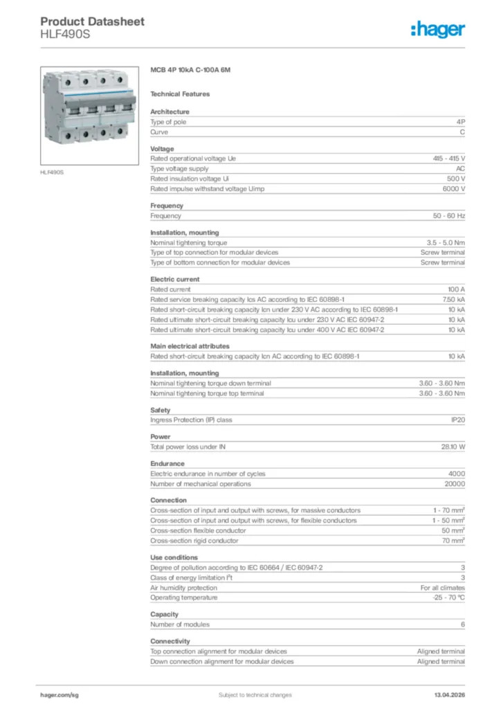 Image Hager Product data sheet HLF490S  | Hager