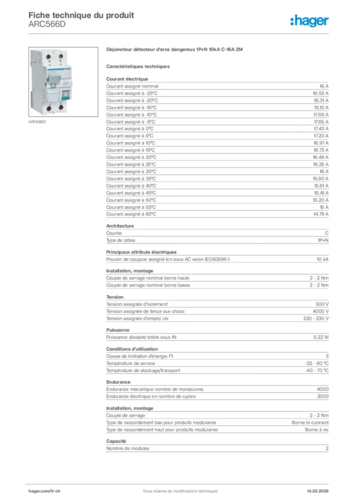 Image Hager Fiche technique du produit ARC566D | Hager Suisse
