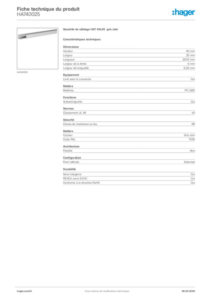 Image Hager Fiche technique du produit HA740025 | Hager France