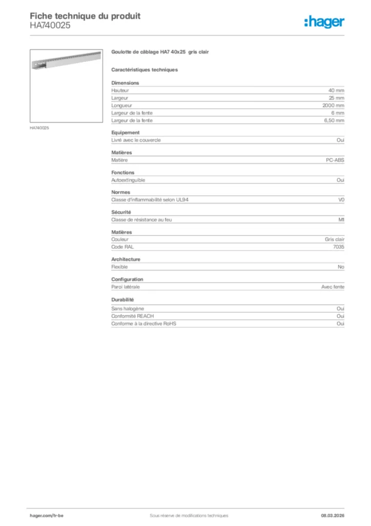 Image Hager Fiche technique du produit HA740025 | Hager Belgique