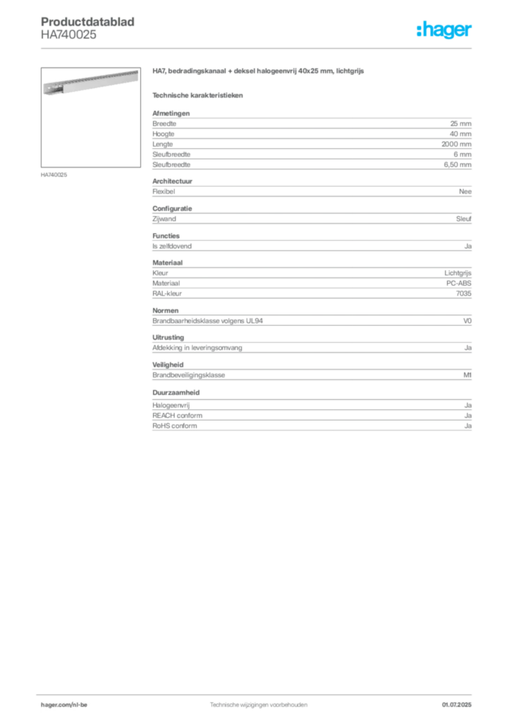 Afbeelding Hager Productdatablad HA740025 | Hager Belgium