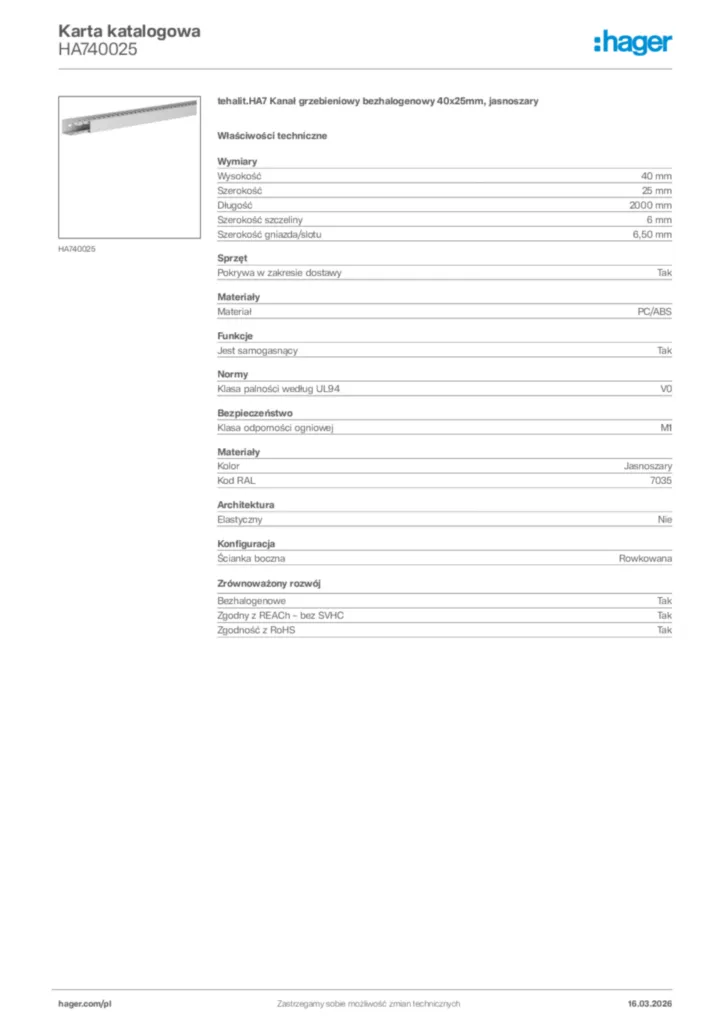 Zdjęcie Hager Karta katalogowa HA740025 | Hager Polska