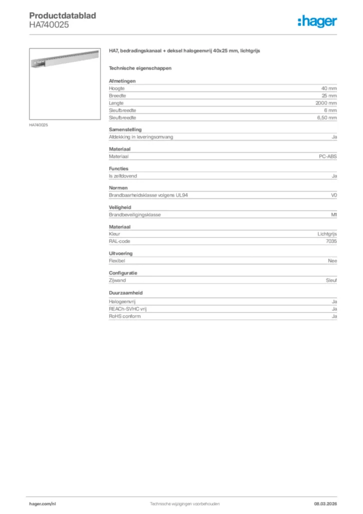 Afbeelding Hager Productdatablad HA740025 | Hager Nederland