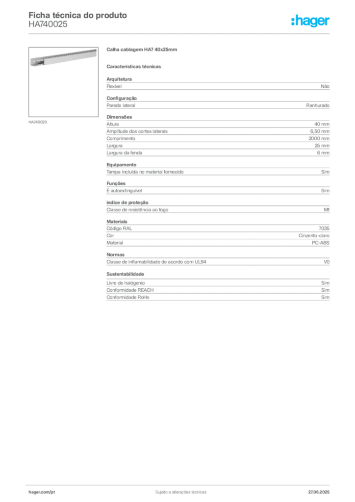 Imagem Hager Ficha técnica do produto HA740025 | Hager Portugal