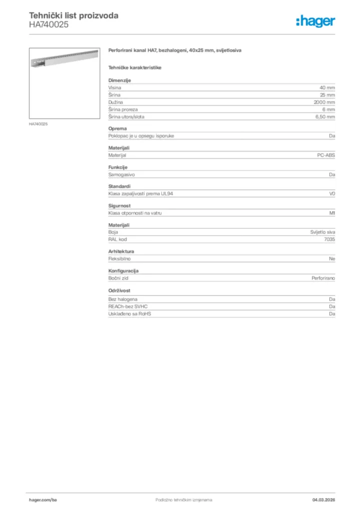 Slika Hager Tehnički list proizvoda HA740025  | Hager