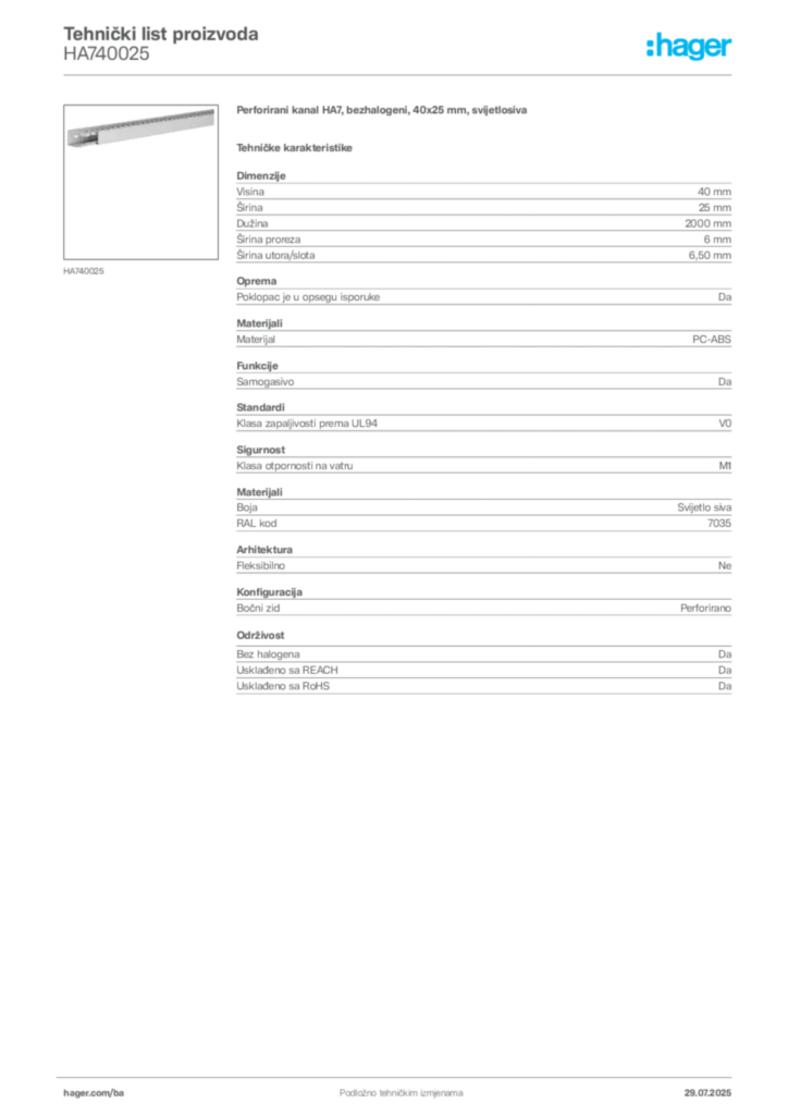 Slika Hager Product data sheet HA740025  | Hager