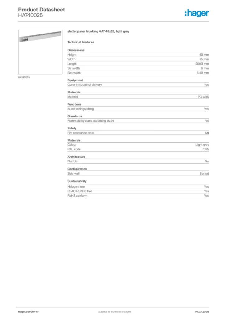 Image Hager Product data sheet HA740025  | Hager