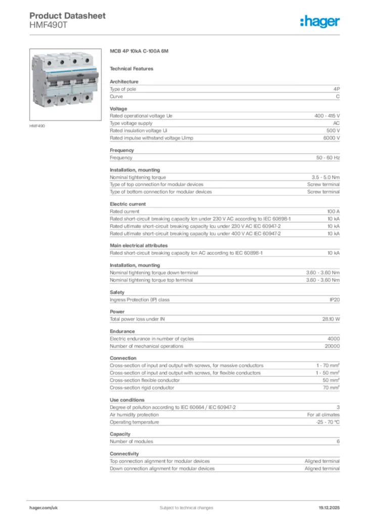 Image Hager Product data sheet HMF490T  | Hager