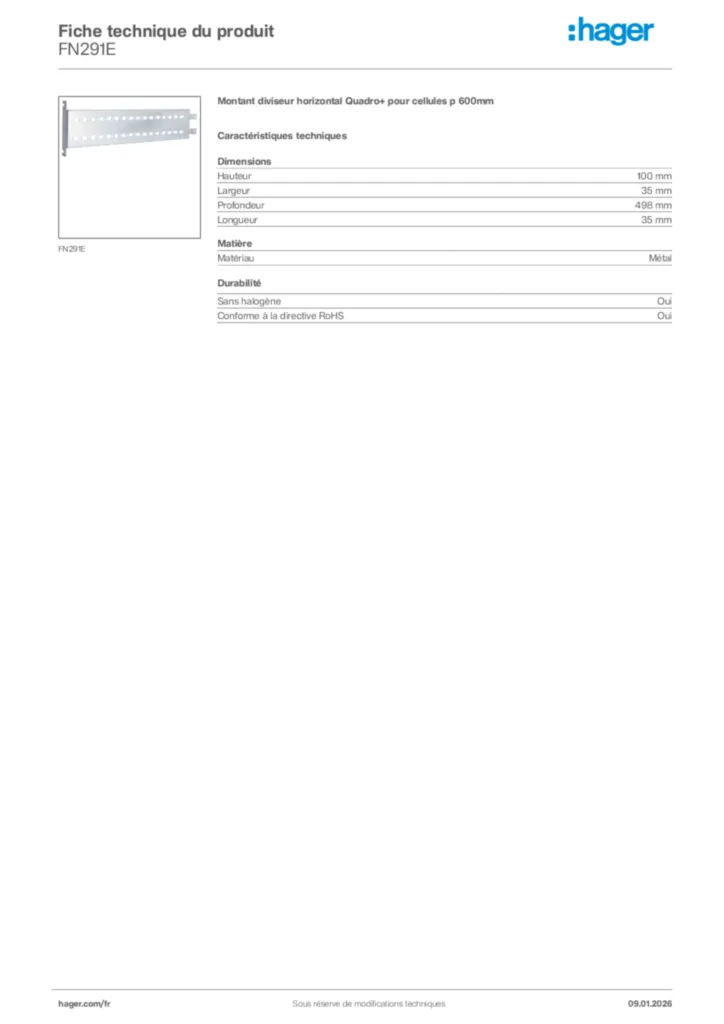 Image Hager Fiche technique du produit FN291E | Hager France