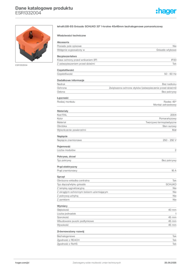 Zdjęcie Hager Karta katalogowa ESR1332004 | Hager Polska