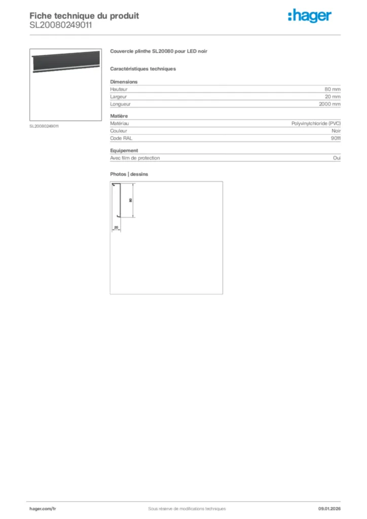 Image Hager Fiche technique du produit SL20080249011 | Hager France