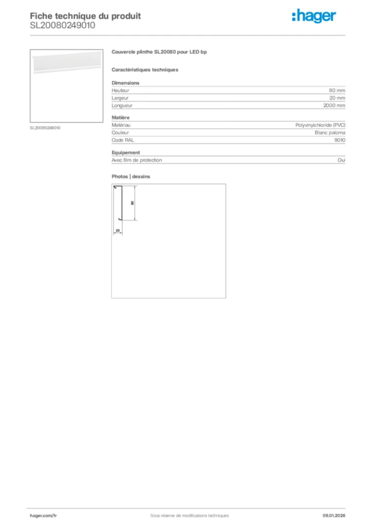 Image Hager Fiche technique du produit SL20080249010 | Hager France