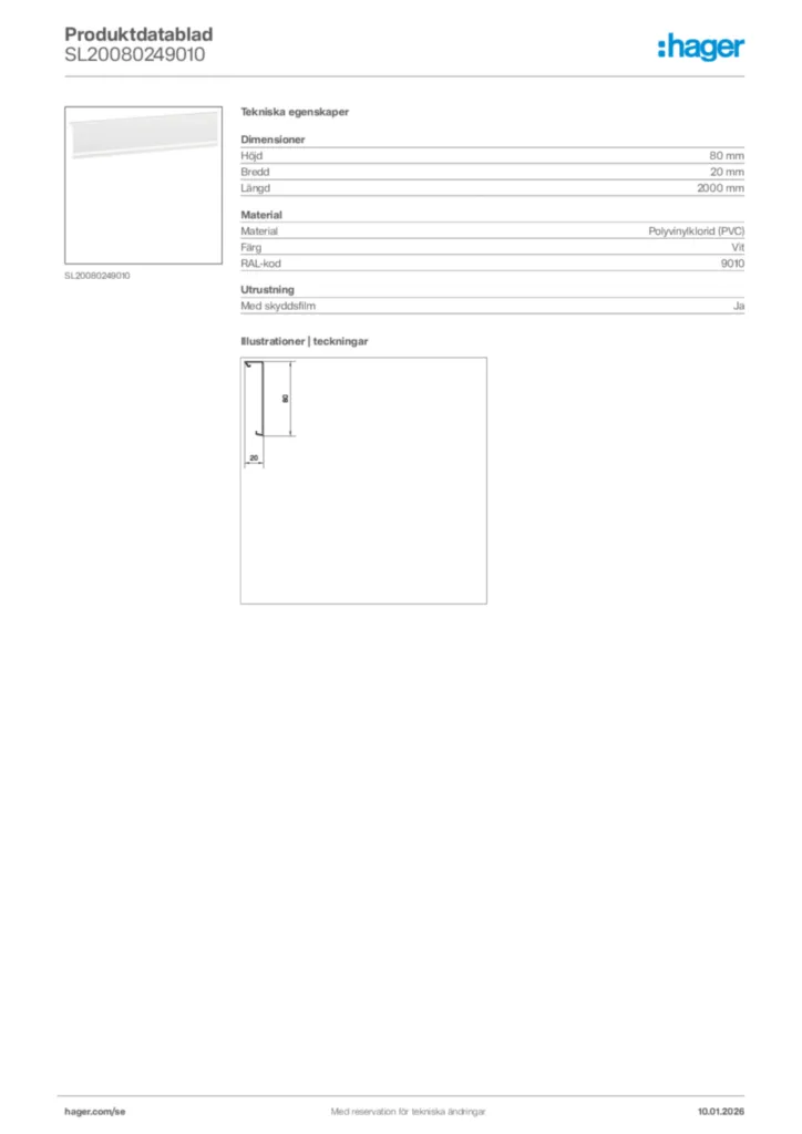 Bild Hager Produktdatablad SL20080249010 | Hager Sverige