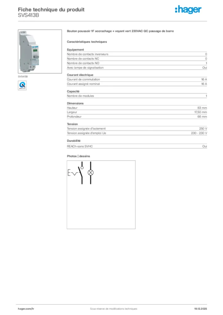 Image Hager Fiche technique du produit SVS413B | Hager France