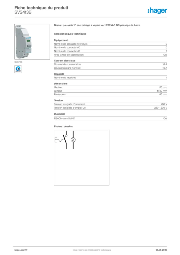 Image Hager Fiche technique du produit SVS413B | Hager France